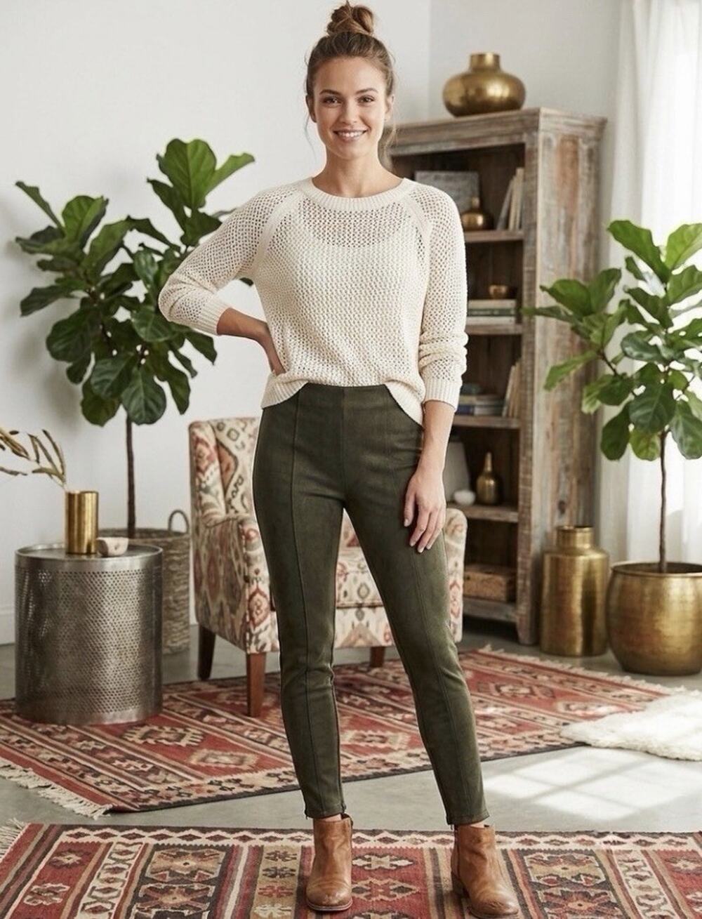 Anthropologie Women’s Olive Green Faux Suede Leggings Ankle Zip Pants 26